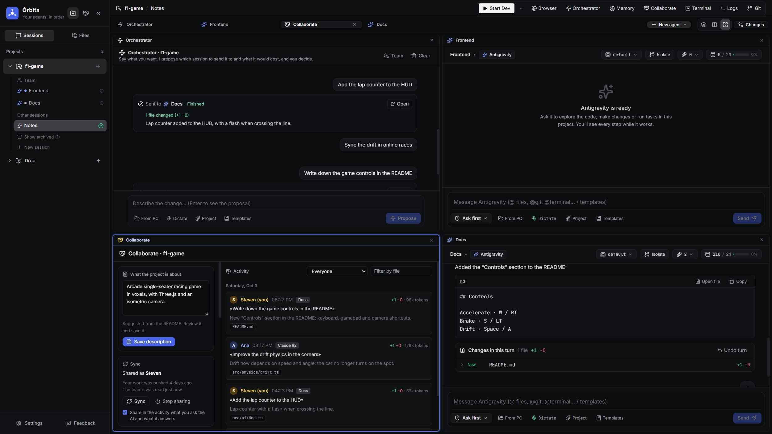 Órbita with four sessions open: the orchestrator, the Frontend agent, the team’s activity and the Docs agent