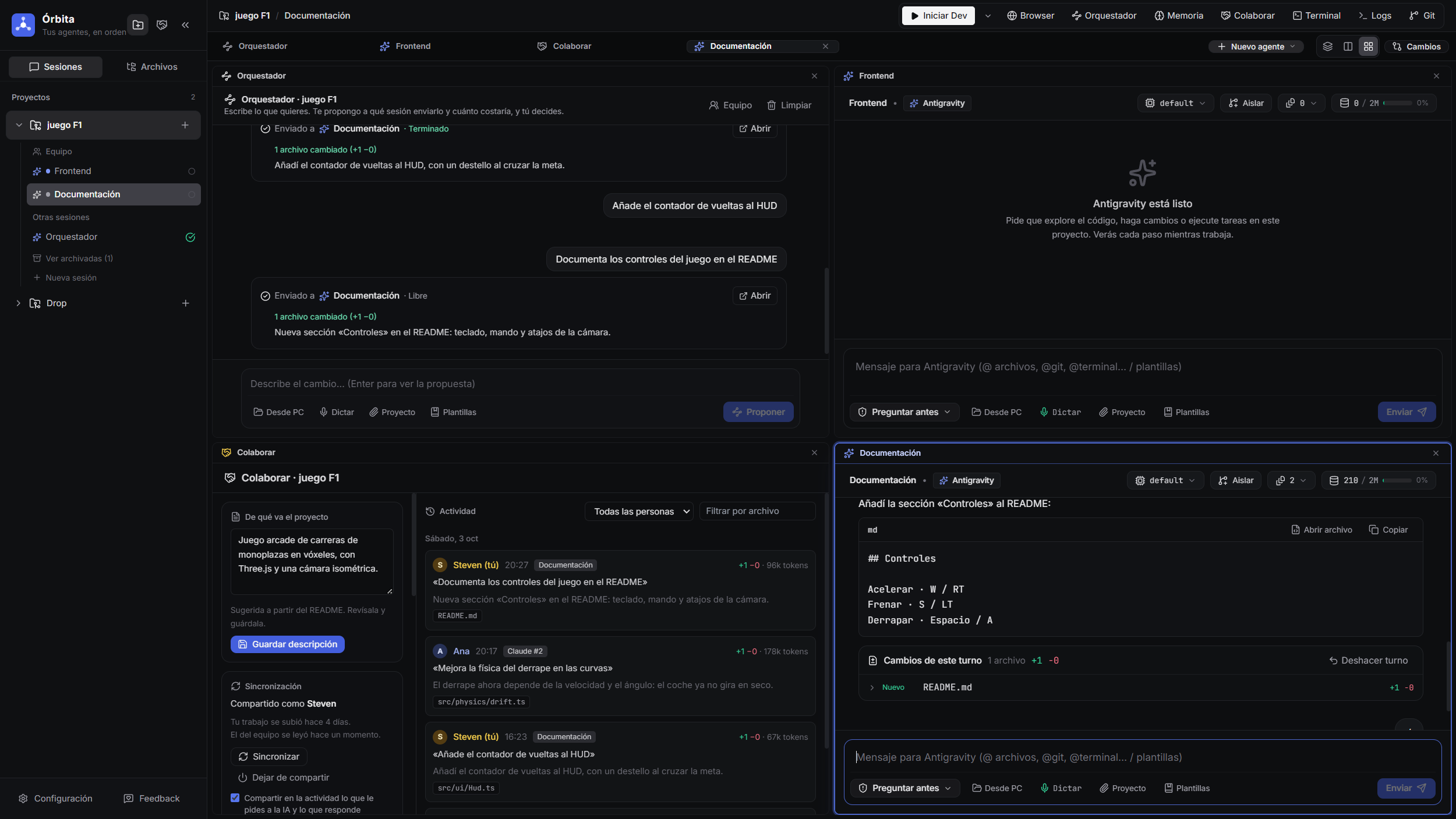 Órbita con cuatro sesiones abiertas: el orquestador, el agente de Frontend, la actividad del equipo y el agente de Documentación